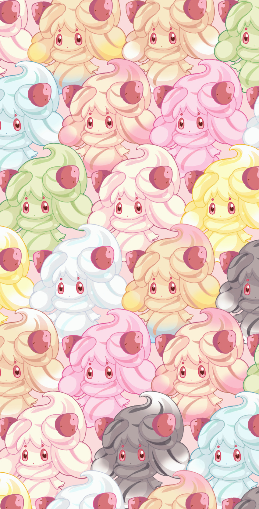 absurdres alcremie alcremie_(caramel_swirl) alcremie_(lemon_cream) alcremie_(matcha_cream) alcremie_(mint_cream) alcremie_(rainbow_swirl) alcremie_(ruby_cream) alcremie_(ruby_swirl) alcremie_(salted_cream) alcremie_(strawberry_sweet) alcremie_(vanilla_cream) alternate_color brown_background closed_mouth commentary_request food fruit heart heart-shaped_pupils highres looking_at_viewer no_humans pikomarie pokemon pokemon_(creature) red_eyes simple_background strawberry symbol-shaped_pupils too_many