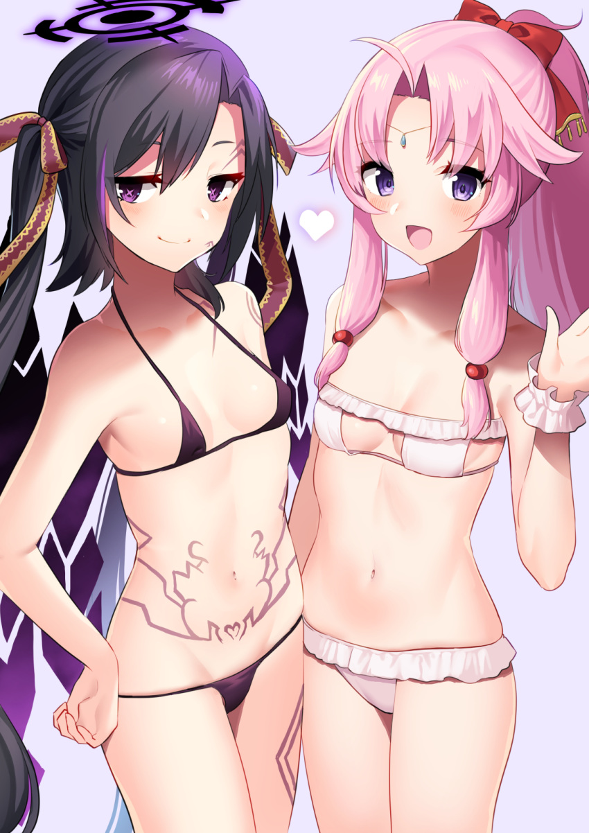 +_+ 2girls :d akagi_kurage bikini black_bikini black_hair blush breasts chloe_(sennen_sensou_aigis) circlet commentary_request eyepatch_bikini hand_on_own_hip highres iris_(sennen_sensou_aigis) long_hair looking_at_viewer micro_bikini multiple_girls navel open_mouth pink_hair ponytail pubic_tattoo purple_eyes purple_hair sennen_sensou_aigis sidelocks small_breasts smile swimsuit tattoo twintails very_long_hair white_bikini