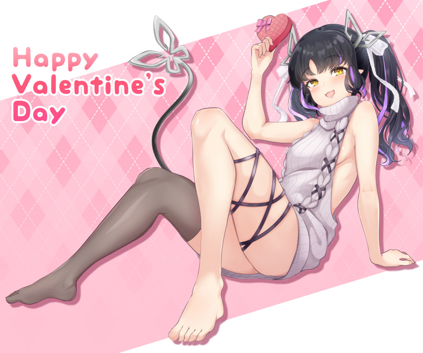 absurdres aran_sweater argyle_background backless_dress backless_outfit barefoot black_hair black_ribbon blush bow box breasts cable_knit commentary_request demon_girl demon_horns demon_tail dress feet female full_body grey_thighhighs hairbow happy_valentine heart-shaped_box highres horns kojo_anna kojo_anna_(3rd_costume) leg_ribbon legs long_hair looking_at_viewer medium_breasts meme_attire multicolored_hair nanashi_inc. no_shoes open_mouth pink_background pink_bow pointy_ears purple_hair ribbed_sweater ribbon robou_no_stone see-through see-through_thighhighs shiny_skin sideboob single_thighhigh smile solo standing sweater sweater_dress tail thighhighs toes turtleneck turtleneck_sweater twintails two-tone_hair valentine virgin_killer_sweater virtual_youtuber white_bow yellow_eyes