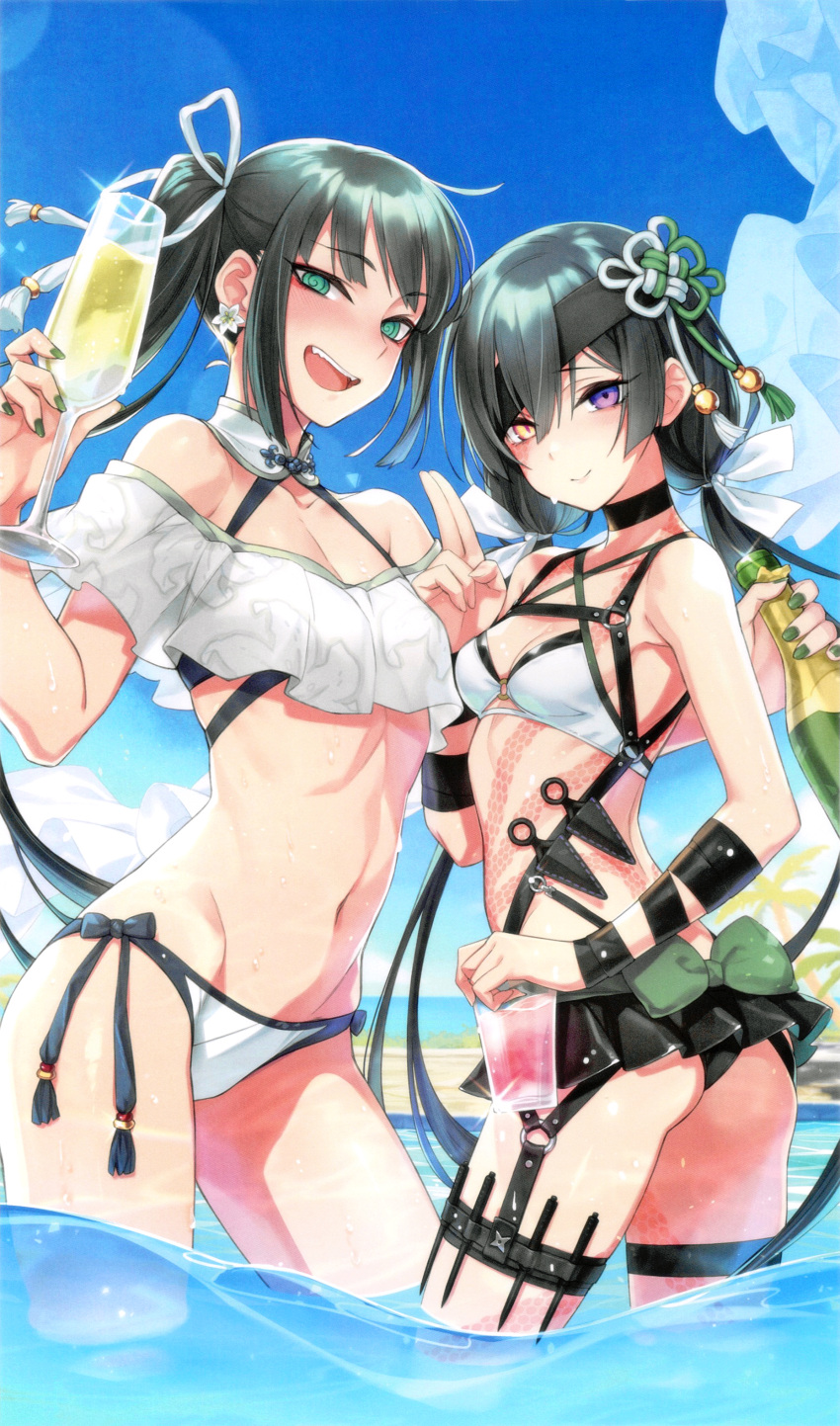 2girls :d @_@ absurdres alcohol alternate_hairstyle aqua_eyes ass back_bow bikini black_bikini black_bow black_hair black_neckwear blush bottle bow breasts caustics choker closed_mouth cowboy_shot craft_essence_(fate) cropped cup day drinking_glass drunk fate/grand_order fate_(series) fingernails green_bow green_nails groin hairbow heterochromia highres holding holding_cup holster jing_ke_(fate) jing_ke_(water_shine)_(fate) kunai lens_flare long_hair looking_at_viewer low_twintails mochizuki_chiyome_(fate) mochizuki_chiyome_(water_shine)_(fate) multiple_girls nail_polish navel non-web_source off-shoulder_bikini off_shoulder official_art open_mouth outdoors ponytail purple_eyes saitou_hiroki scan side-tie_bikini_bottom sky small_breasts smile snake_tattoo standing swimsuit tattoo thigh_holster twintails wading water weapon white_bikini white_bow wine_bottle yellow_eyes