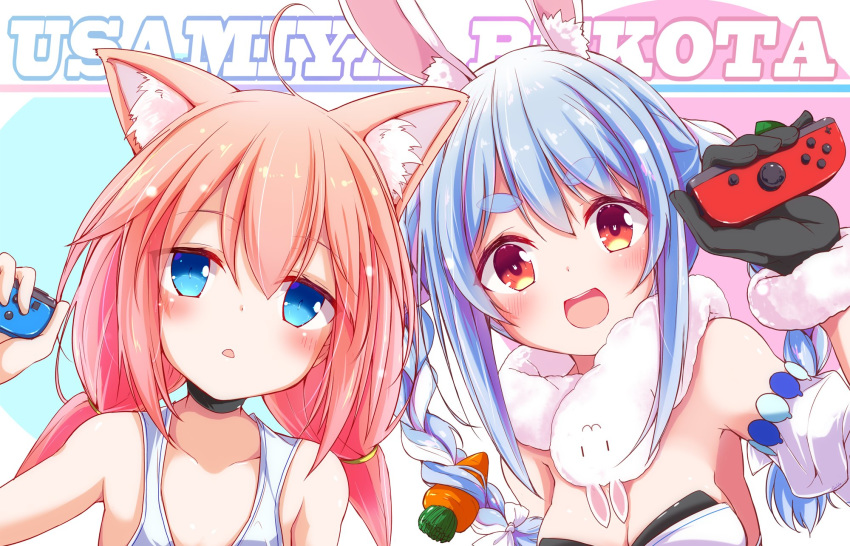 2girls animal_ears armpits blue_eyes blush breasts cat_ears cleavage commentary_request don-chan_(usada_pekora) gloves hair_between_eyes highres hinata_channel hololive long_hair looking_at_viewer multiple_girls nanaume_(shichimi_tougarashi) nekomiya_hinata nintendo_switch open_mouth portrait rabbit_ears red_eyes shirt small_breasts thick_eyebrows usada_pekora usada_pekora_(1st_costume) virtual_youtuber