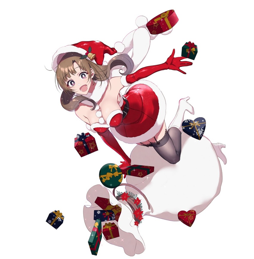 :d ankle_boots belt boots breasts bright_pupils brown_hair christmas christmas_present dress elbow_gloves female full_body gift gloves grey_thighhighs hanging_breasts hat highres large_breasts long_hair looking_at_viewer mature_female oosuki_mamako open_mouth pochi_(pochi-goya) purple_eyes red_dress red_gloves red_hat sack santa_hat scarf simple_background smile solo thighhighs tsuujou_kougeki_ga_zentai_kougeki_de_ni-kai_kougeki_no_okaasan_wa_suki_desu_ka? white_background white_footwear white_pupils white_scarf wide-eyed