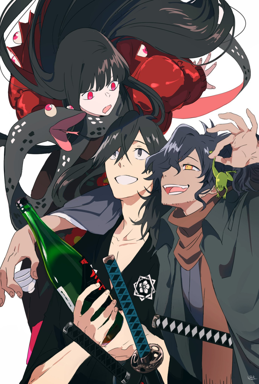 2boys arm_around_shoulder black_hair black_kimono bottle carrying closed_mouth fate/grand_order fate_(series) female floating floating_hair flying food frog highres holding holding_food jacket japanese_clothes katana kimono long_hair long_sleeves multiple_boys okada_izou_(fate) oryou_(fate) oryou_(lancer)_(fate) pirohi_(pirohi214) ponytail red_eyes red_jacket sakamoto_clan_(emblem) sakamoto_ryouma_(fate) sakamoto_ryouma_(lancer)_(fate) sake_bottle scarf simple_background smile sword very_long_hair weapon white_background yellow_eyes