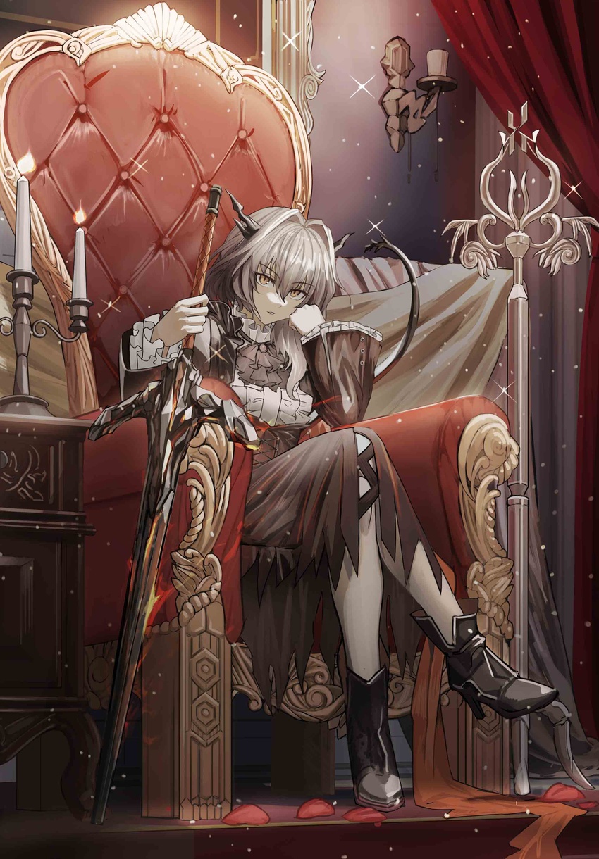 absurdres arknights arm_support ascot bad_id bad_pixiv_id black_ascot black_dress black_footwear brown_eyes candle candlestand commentary_request crossed_legs dress female frills glowing grey_hair hand_on_hilt highres holding holding_sword holding_weapon horns long_sleeves looking_at_viewer meganeno_dokitsui parted_lips sitting solo sparkle sword tail talulah_(arknights) throne weapon