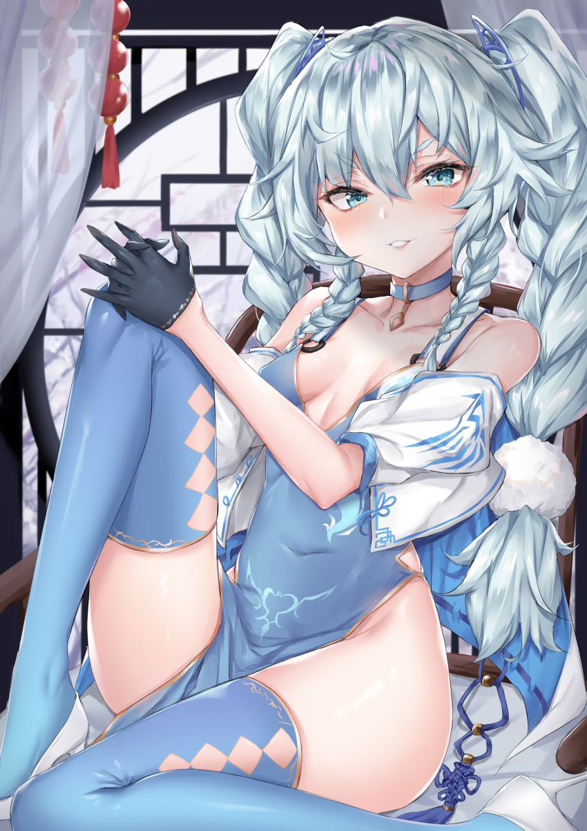 absurdres alternate_costume bare_shoulders blue_choker blue_dress blue_eyes blue_gloves blue_hair blue_thighhighs blush braid breasts china_dress chinese_clothes choker coffeedog commentary_request detached_sleeves dress female girls'_frontline gloves hair_between_eyes hair_ornament half_gloves heart high_heels highres indoors looking_at_viewer official_alternate_costume own_hands_together pa-15_(alluring_larkspur)_(girls'_frontline) pa-15_(girls'_frontline) pelvic_curtain small_breasts smile solo thighhighs twin_braids twintails white_footwear