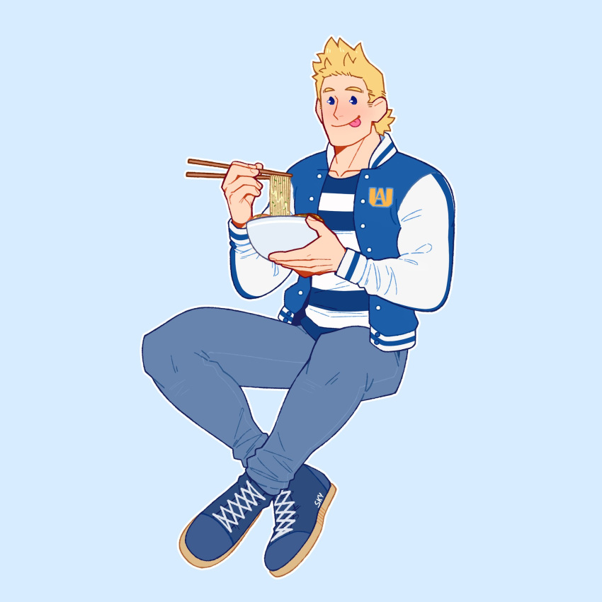 1boy :p bara blonde_hair blue_eyes blue_jacket boku_no_hero_academia bowl chopsticks denim feraltintinsimp food full_body highres jacket jeans letterman_jacket male_focus messy muscular muscular_male noodles pants ramen shoes short_hair sitting solo togata_mirio tongue tongue_out