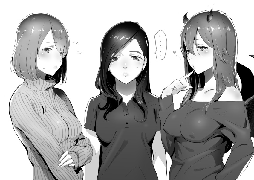 ... 3girls bad_id bad_pixiv_id blush bob_cut breasts character_request closed_mouth commentary_request demon_horns demon_wings flying_sweatdrops greyscale heart highres horns iinuma_kaoru ikuchan_kaoru long_hair looking_at_viewer mole mole_under_eye monochrome multiple_girls original parted_lips partial_commentary ribbed_sweater simple_background spoken_ellipsis succubus_(iku) sweater turtleneck turtleneck_sweater white_background wings