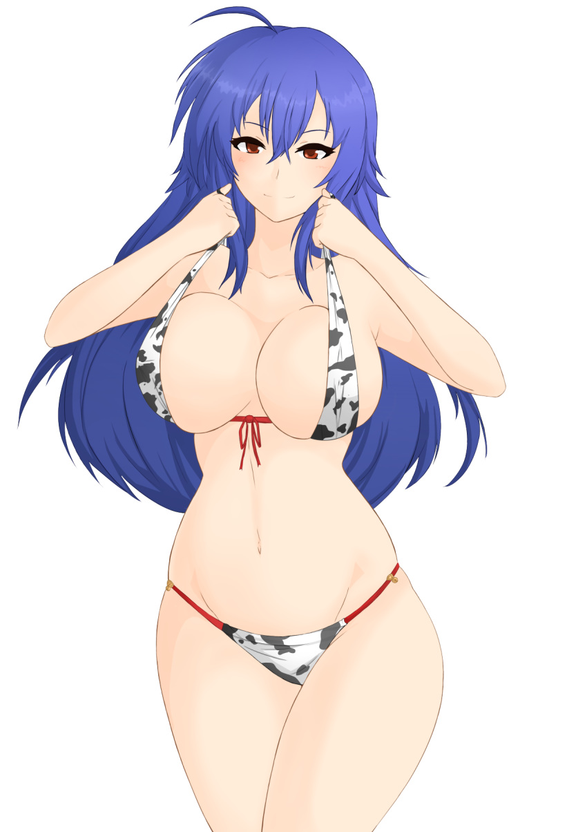 ahoge animal_print archived_source bikini blue_hair blush breast_lift breasts cleavage closed_eyes collarbone cow_print curvy facing_viewer female groin hair_between_eyes highres holding_bikini_top kurokami_medaka large_breasts light_blush long_hair looking_at_viewer medaka_box navel red_eyes smile solo swimsuit thighs transparent_background tridisart wide_hips