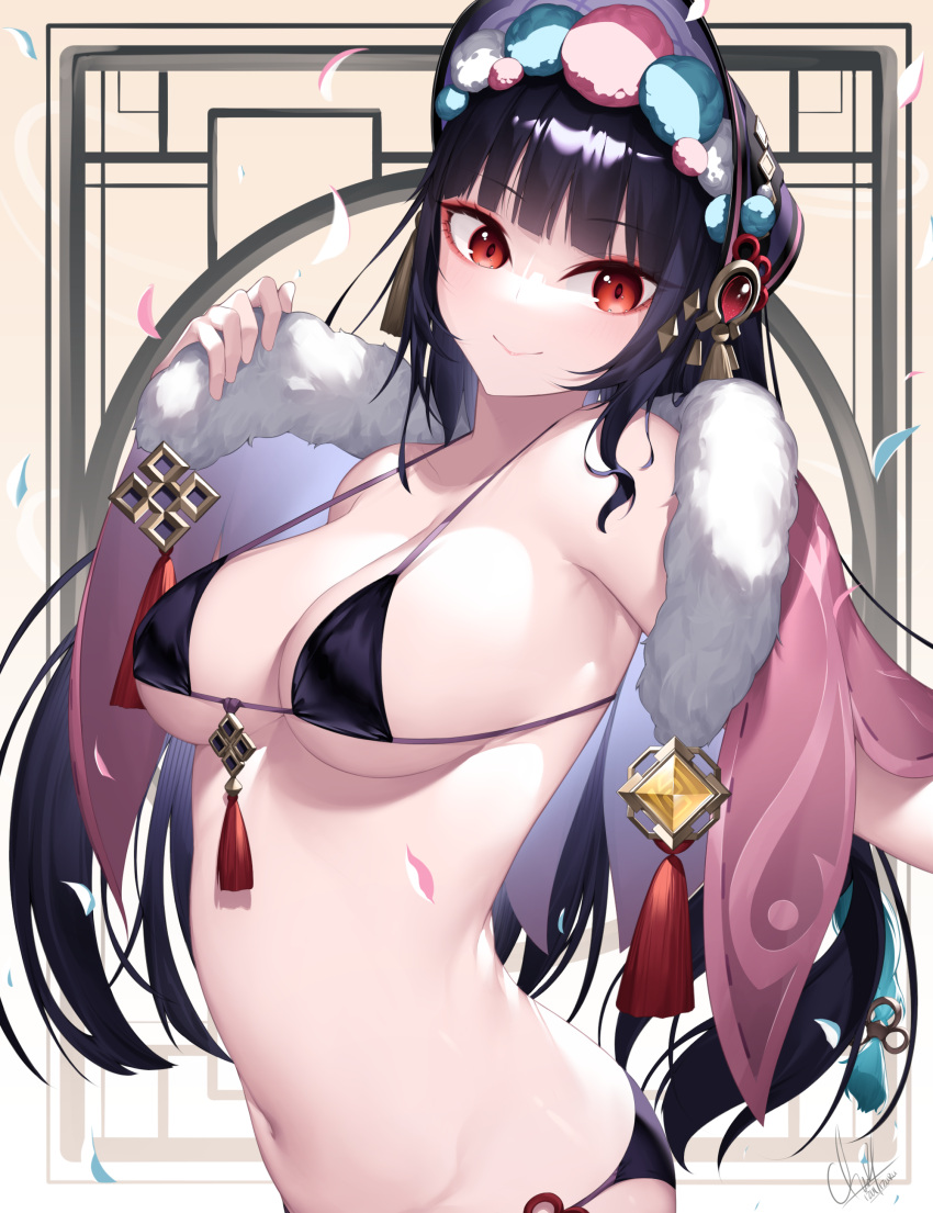 absurdres bare_shoulders bikini black_bikini blunt_bangs bonnet breasts capelet cleavage female fur_trim genshin_impact highres hime_cut izulizuru long_hair looking_at_viewer makeup mascara medium_breasts navel off_shoulder purple_bikini purple_hair red_eyes sideboob signature smile solo swimsuit underboob yun_jin_(genshin_impact)