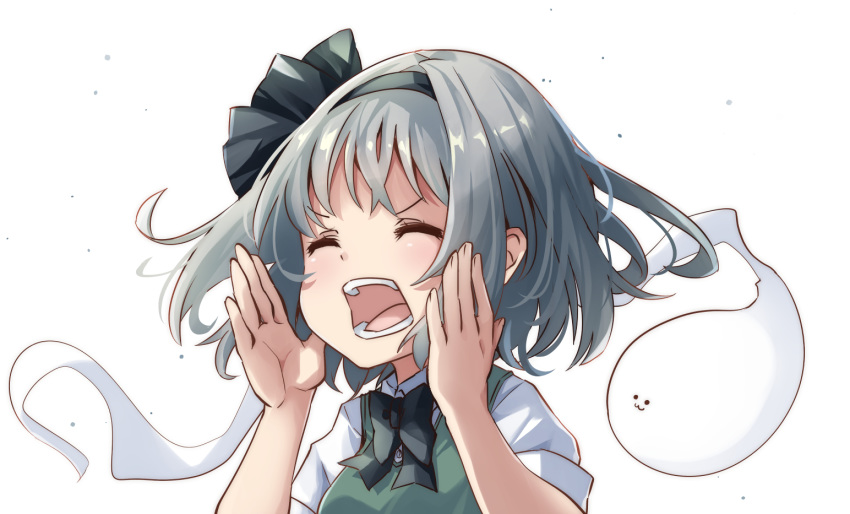 :3 bow bowtie closed_eyes collared_shirt commentary female green_bow green_vest grey_hair hair_ribbon hairband hands_up hitodama konpaku_youmu konpaku_youmu_(ghost) medium_hair open_mouth pegashi ribbon shirt short_sleeves shouting shouting_with_hands simple_background teeth touhou upper_body v-shaped_eyebrows vest white_background white_shirt