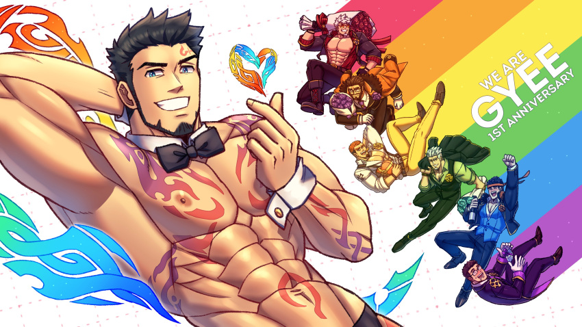 6+boys abs absurdres alternate_costume anniversary bara bare_pectorals beard bouquet bow bowtie character_request detached_collar facial_hair finger_heart flower formal goatee grin gyee highres holding holding_bouquet large_pectorals lee_(gyee) lgbt_pride looking_at_viewer male_focus mature_male miles_(gyee) multiple_boys muscular muscular_male niko_(na_insoo) nipples oneirio open_clothes open_shirt pectoral_cleavage pectorals priapus priapus_a._tarou rainbow_gradient rand_(gyee) revealing_clothes short_hair smile stomach vundo_(gyee) wrist_cuffs