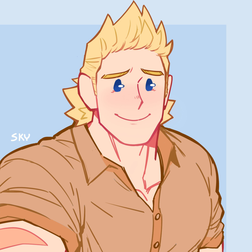 1boy bara blonde_hair blue_eyes blush boku_no_hero_academia brown_shirt close-up collared_shirt feraltintinsimp highres light_smile male_focus muscular muscular_male open_clothes open_shirt pectorals shirt short_hair solo togata_mirio upper_body