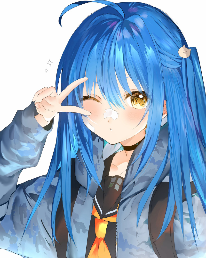 ahoge arm_up backpack bag bandage_on_face bandages blue_hair blue_hoodie brown_eyes camouflage_hoodie choker collarbone commentary_request female highres hoerutarou hood hoodie long_hair long_sleeves neckerchief one_eye_closed orange_neckerchief original parted_lips solo twintails upper_body v v_over_eye