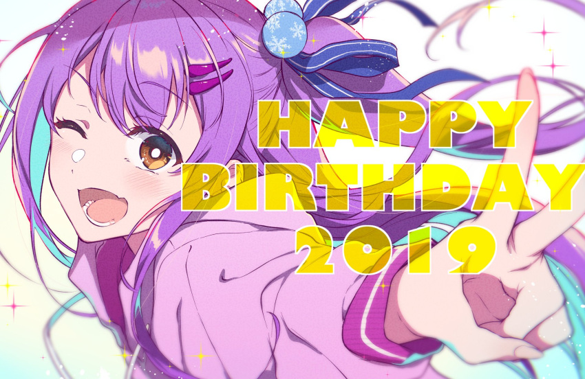 2019 :d blue_hair blue_ribbon blush bright_pupils brown_eyes colored_inner_hair dated female fingernails from_side hair_between_eyes hair_ornament hair_ribbon hairclip happy_birthday highres hinomori_anzu hood hood_down hoodie indie_virtual_youtuber long_sleeves looking_at_viewer looking_to_the_side multicolored_hair one_eye_closed one_side_up open_mouth pink_hoodie pochi_(pochi-goya) purple_hair ribbon smile solo sparkle upper_body v virtual_youtuber white_pupils