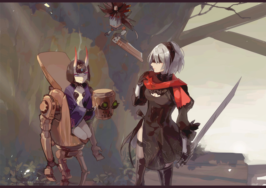 2b_(nier:automata) 2girls android artist_name black_blindfold black_gloves black_hair black_hairband black_legwear blindfold breasts brown_hair cleavage cleavage_cutout closed_mouth clothing_cutout cosplay covered_eyes crossover fate/grand_order fate_(series) gloves grey_hair guilty_gear hairband holding holding_sword holding_weapon horns ian_olympia ishikawa_yui junkyard_dog_mk_iii long_sleeves looking_at_another mikasa_ackerman mikasa_ackerman_(cosplay) mole mole_under_mouth multiple_girls nier:automata nier_(series) oni outdoors pascal_(nier:automata) pink_eyes plant pod_(nier:automata) purple_eyes red_scarf reverse_grip robot scarf shingeki_no_kyojin short_hair shuten_douji_(fate) signature smile sol_badguy sol_badguy_(cosplay) sword voice_actor_connection weapon wide_sleeves yuuki_aoi