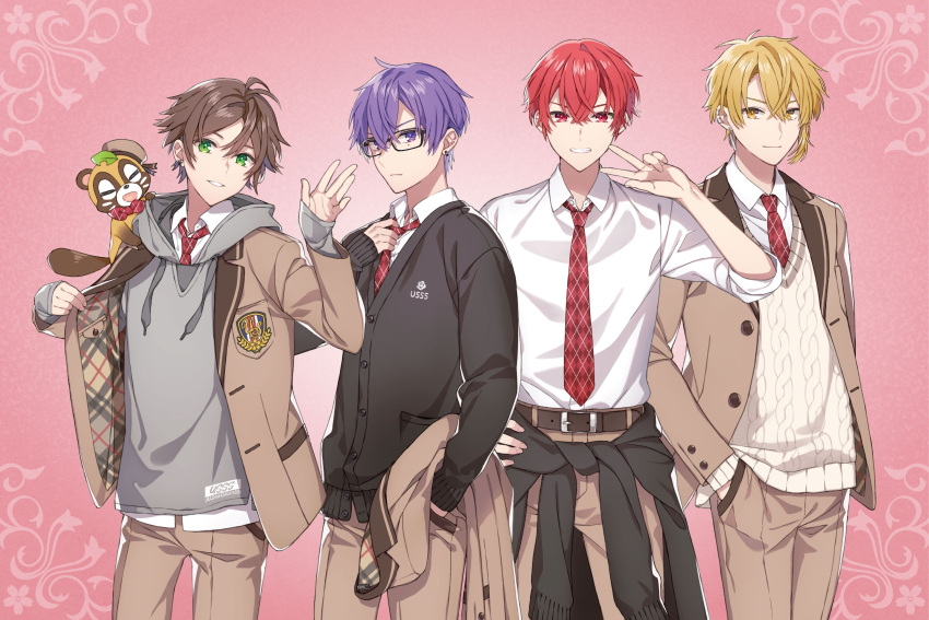 4boys absurdres aho_no_sakata belt black_belt black_cardigan blazer blonde_hair brown_hair brown_jacket brown_pants cardigan glasses grey_hoodie hair_behind_ear hand_in_pocket highres hood hoodie jacket macco male_focus multiple_boys necktie official_art pants purple_hair red_eyes red_necktie senra_(utaite) shima_(utaite) shinkalion_(series) shinkansen_henkei_robo_shinkalion_z shirt_tucked_in smile urashimasakatasen uratanuki utaite v yamadanuki