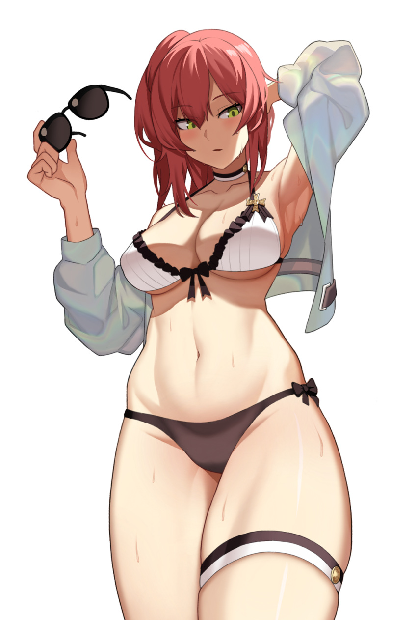 arm_behind_head armpits bikini blush breasts cero_(last2stage) choker cleavage commission female girls'_frontline green_eyes highres jacket korean_commentary long_hair navel official_alternate_costume open_clothes open_jacket pink_hair pixiv_commission r93_(girls'_frontline) r93_(holiday_lucky_star)_(girls'_frontline) side_ponytail simple_background solo sunlight swimsuit unworn_eyewear wet white_background