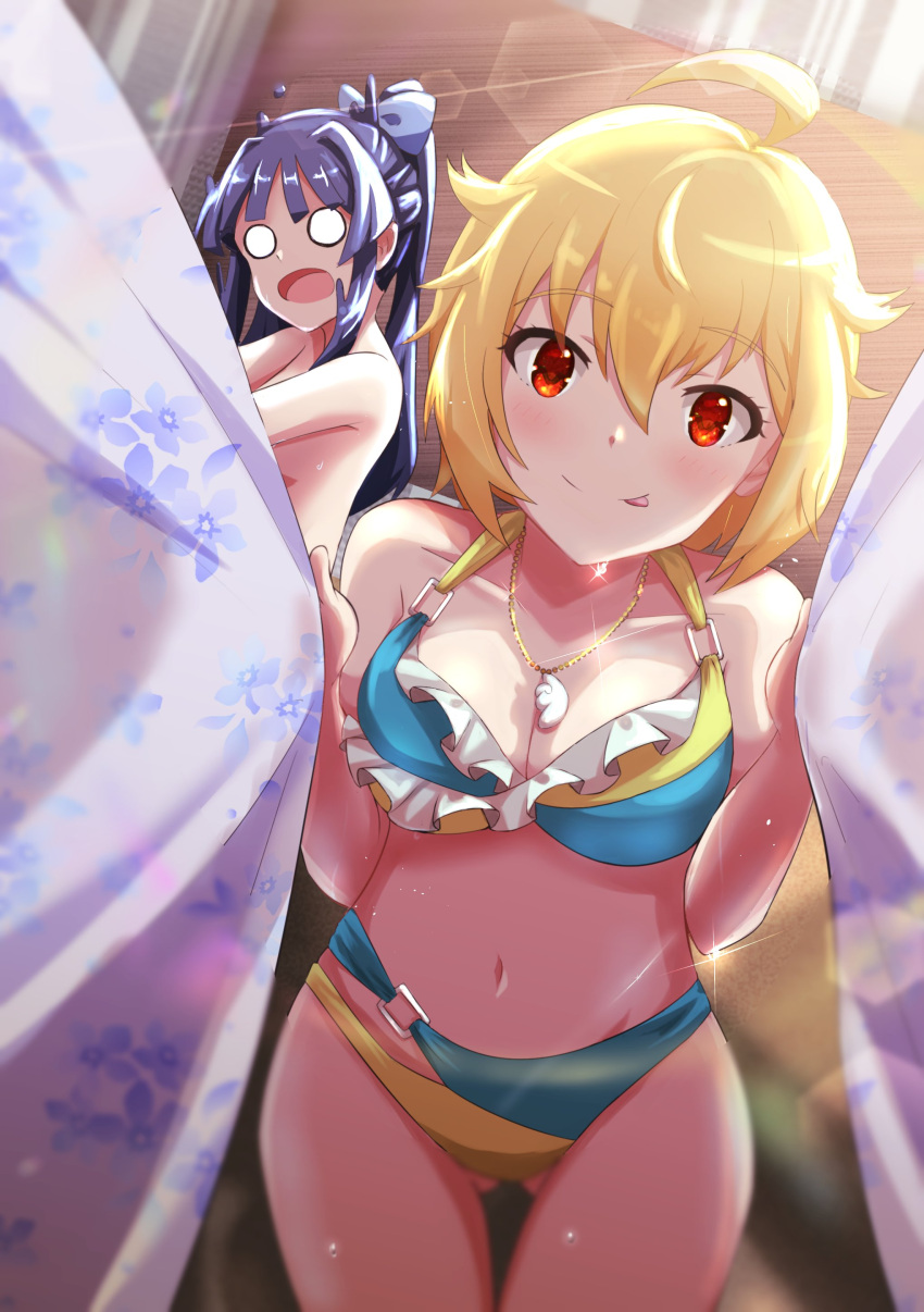 2girls :p absurdres ahoge bikini blonde_hair blue_hair breasts changing_room cleavage curtain_grab curtains highres ibuki_tsubasa idolmaster idolmaster_million_live! idolmaster_million_live!_theater_days jewelry midriff mogami_shizuka multiple_girls navel necklace o-ring o-ring_bikini o_o ponytail red_eyes sanami_(sanami_t_38) swimsuit tongue tongue_out undressing