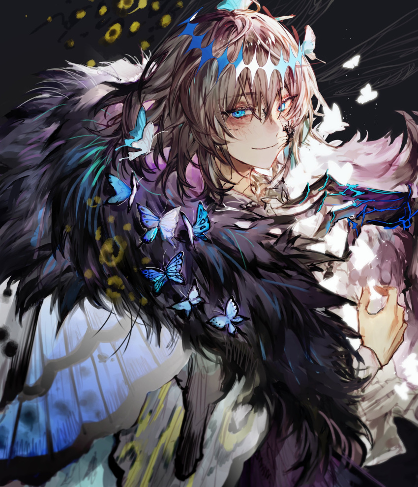 1boy absurdres arthropod_boy blue_butterfly blue_eyes brown_hair bug butterfly butterfly_wings cape cloak closed_mouth collared_shirt crown diamond_hairband fate/grand_order fate_(series) fur-trimmed_cape fur-trimmed_cloak fur_trim grey_hair hair_between_eyes highres insect_on_head insect_wings kkuekkue_(chifer1958) light_particles light_smile long_hair long_sleeves looking_at_viewer male_focus messy_hair oberon_(fate) oberon_(third_ascension)_(fate) shirt smile solo spoilers upper_body white_shirt wing_cape wings