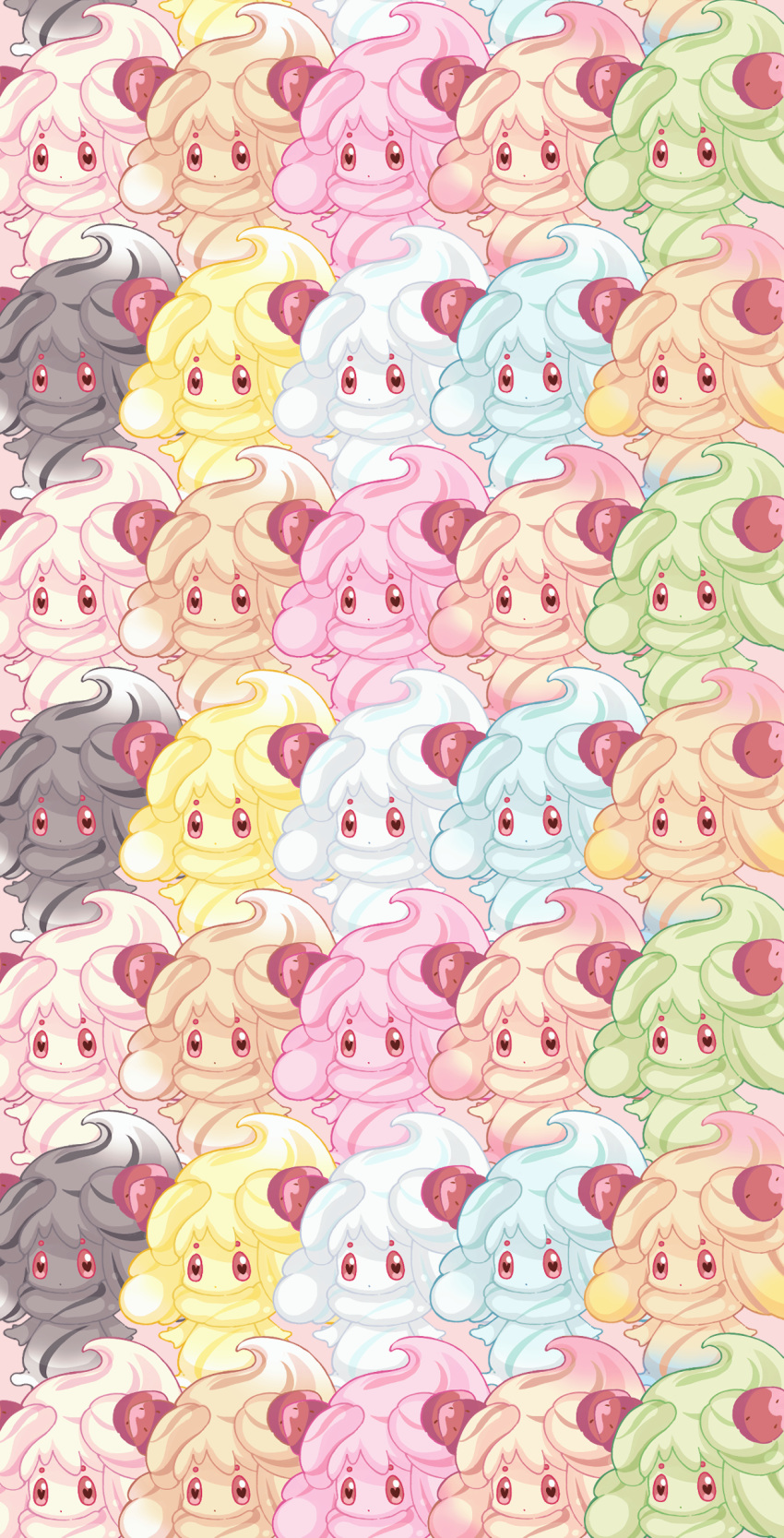 absurdres alcremie alcremie_(caramel_swirl) alcremie_(lemon_cream) alcremie_(matcha_cream) alcremie_(mint_cream) alcremie_(rainbow_swirl) alcremie_(ruby_cream) alcremie_(ruby_swirl) alcremie_(salted_cream) alcremie_(strawberry_sweet) alcremie_(vanilla_cream) alternate_color brown_background closed_mouth commentary_request food fruit heart heart-shaped_pupils highres looking_at_viewer no_humans pikomarie pokemon pokemon_(creature) red_eyes simple_background strawberry symbol-shaped_pupils too_many