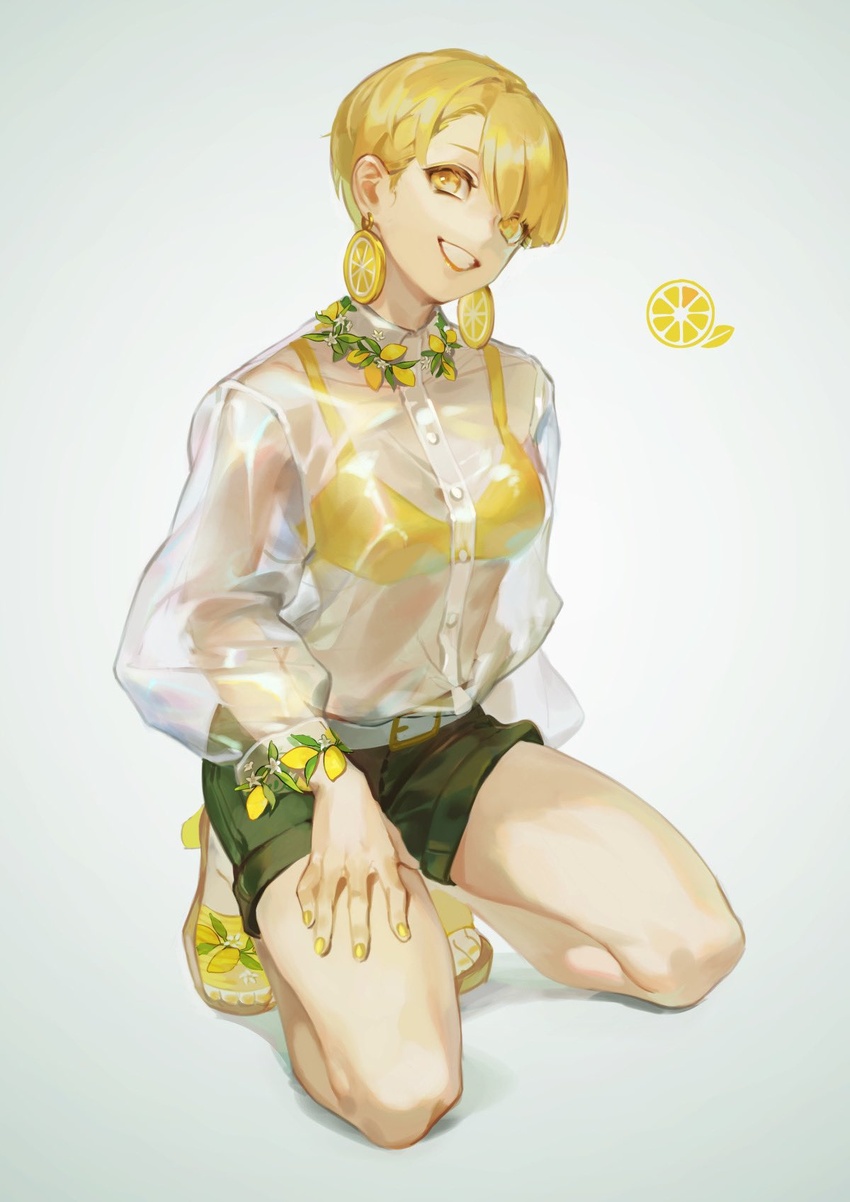 aruk asymmetrical_bangs belt black_shorts blonde_hair bra braid collared_shirt commentary dress_shirt earrings female food food-themed_clothes food-themed_earrings fruit full_body grin hand_on_own_thigh head_tilt highres jewelry kneeling lemon lemon_earrings lemon_necklace lemon_print lemon_slice lipstick long_sleeves looking_at_viewer makeup nail_polish original puffy_long_sleeves puffy_sleeves see-through see-through_shirt shirt shirt_tucked_in short_hair shorts simple_background single_braid smile solo swept_bangs symbol-only_commentary underwear white_background white_shirt yellow_bra yellow_eyes yellow_footwear yellow_nails yellow_theme