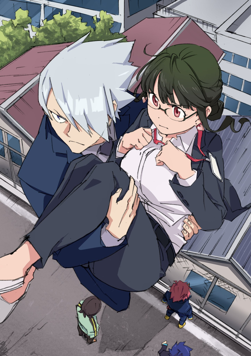 4boys anosillus_ii anti_(ssss.gridman) arai_hiroki asanaka_yomogi bad_id bad_twitter_id blue_eyes carrying carrying_person city female formal from_above gauma glasses gridman_universe hair_over_one_eye highres jumping multiple_boys red_eyes ssss.dynazenon suit yamanaka_koyomi