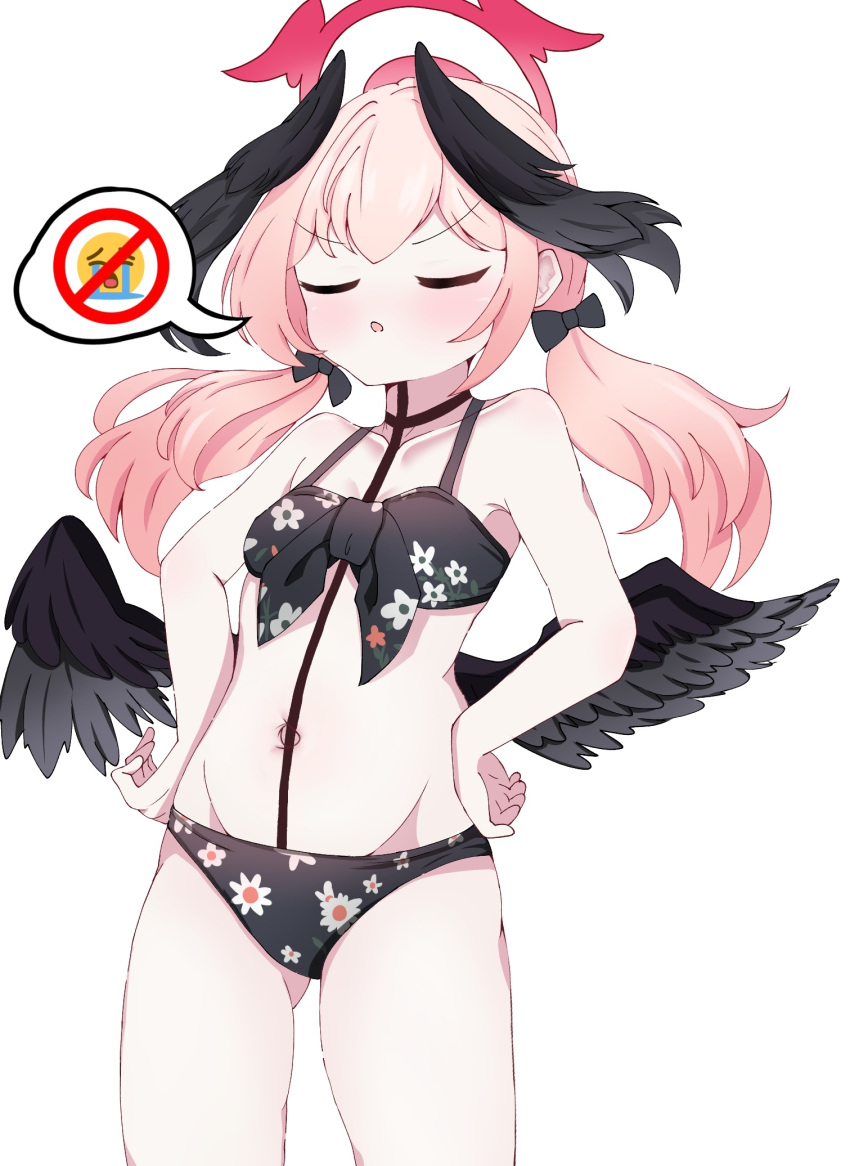 bikini black_bikini black_bow black_wings blue_archive bow breasts closed_eyes collarbone cowboy_shot crying_emoji emoji feathered_wings female floral_print front-tie_bikini_top front-tie_top hairbow halo hands_on_own_hips head_wings highres koharu_(blue_archive) koharu_(swimsuit)_(blue_archive) long_hair low_twintails low_wings meme navel official_alternate_costume parted_lips pink_hair pink_halo print_bikini small_breasts solo spaghetti_strap speech_bubble spoken_emoji swimsuit twintails uohhhhhhhhh!_(meme) wings zhunuhz