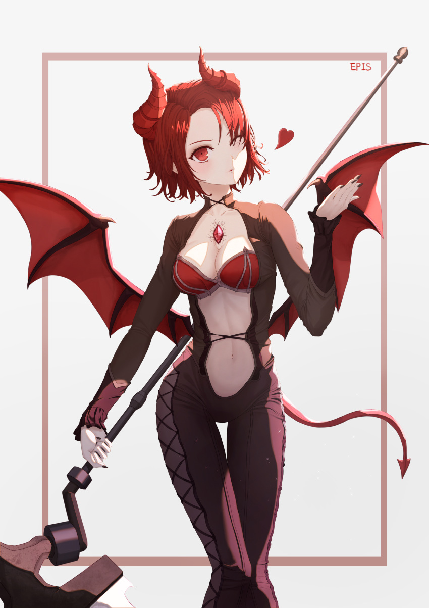 absurdres black_nails blowing_kiss breasts character_name cleavage collarbone commentary_request demon_horns demon_tail demon_wings eichi_(skskdi12z) epis female heart highres holding holding_weapon horns king's_raid korean_commentary large_breasts long_sleeves navel parted_lips red_eyes red_hair short_hair solo tail weapon wings