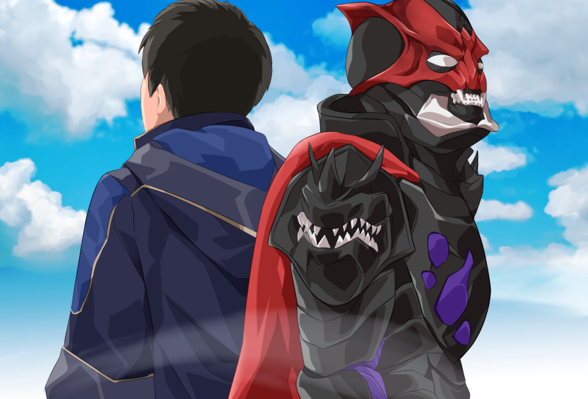 2boys akamichi_ren back-to-back black_hair blank_eyes cloud cloudy_sky desast fangs highres hood hoodie kamen_rider kamen_rider_saber_(series) looking_away mask miyabi_(037) monster multiple_boys red_scarf scarf sky spoilers tokusatsu upper_body