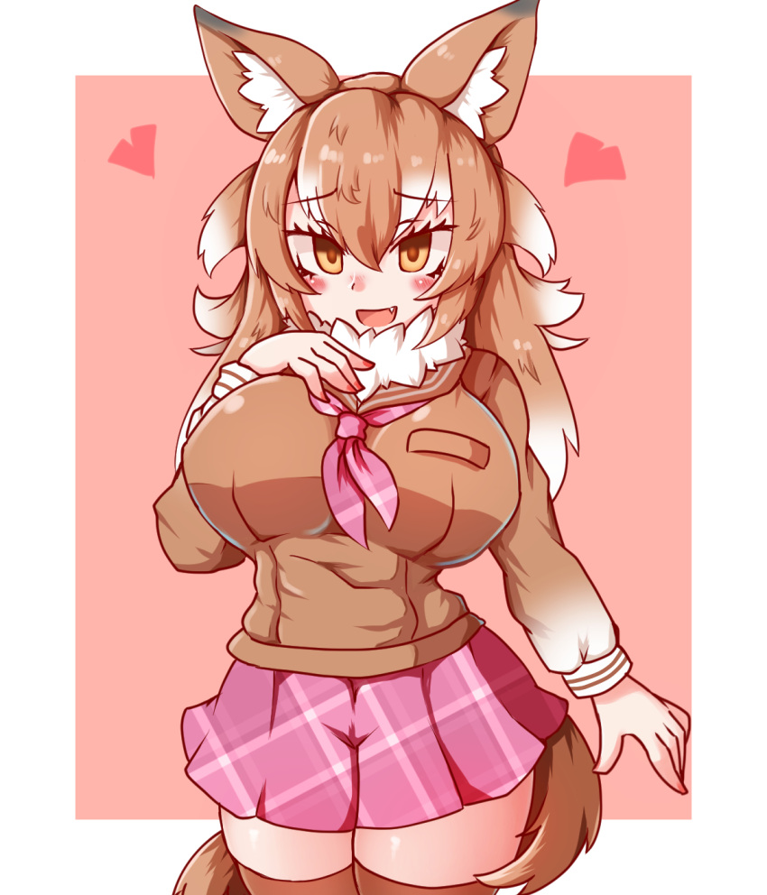 :d animal_ear_fluff animal_ears arm_at_side blush border breast_pocket breasts brown_hair brown_sailor_collar brown_thighhighs commentary_request empty_eyes female fur_collar hair_between_eyes hand_on_own_chest hand_up haruirokomici heart highres japanese_wolf_(kemono_friends) kemono_friends large_breasts long_hair long_sleeves looking_at_viewer multicolored_hair nail_polish neckerchief nose_blush oerba_yun_fang open_mouth orange_background outside_border pink_neckerchief pink_skirt plaid plaid_neckerchief plaid_skirt pleated_skirt pocket sailor_collar skirt smile solo tail thighhighs tsurime two-tone_hair unmoving_pattern white_border white_hair wolf_ears wolf_girl wolf_tail zettai_ryouiki