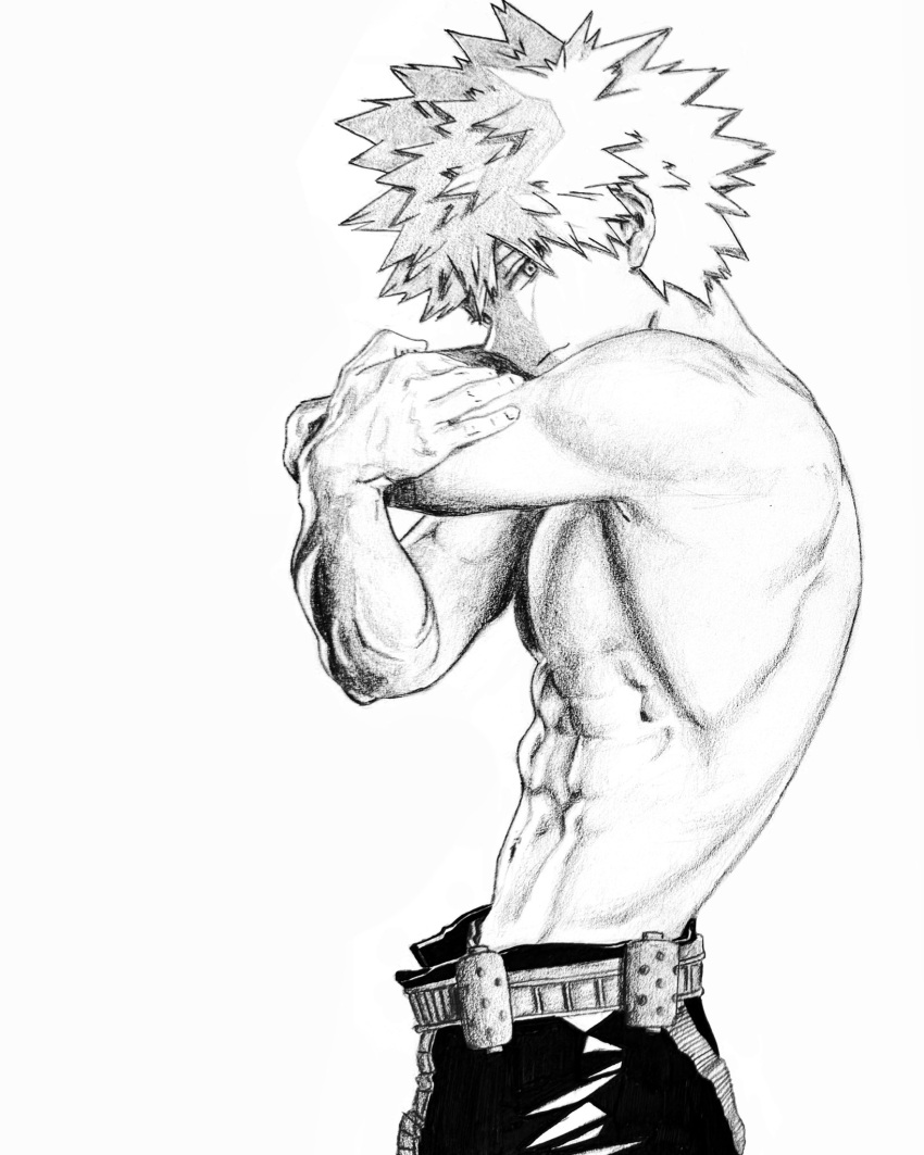 1boy bakugou_katsuki belt black_pants boku_no_hero_academia cblee closed_mouth from_side greyscale highres light_frown looking_at_viewer male_focus monochrome navel no_nipples pants pectorals photo-referenced simple_background solo spiked_hair stretching toned toned_male white_background