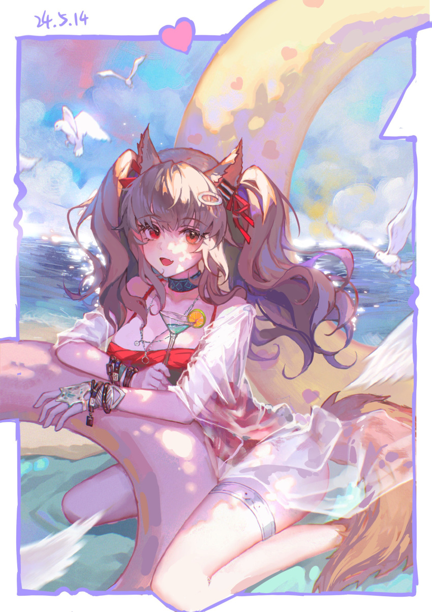 :d absurdres angelina_(arknights) angelina_(summer_flower)_(arknights) animal_ears arknights bird bracelet breasts brown_hair casual_one-piece_swimsuit choker cleavage commentary_request cup dated drinking_glass female fox_ears fox_girl fox_tail full_body hair_ornament hairclip highres holding holding_cup holding_swim_ring infection_monitor_(arknights) innertube jewelry long_hair looking_at_viewer multiple_bracelets necklace ocean oerba_yun_fang official_alternate_costume one-piece_swimsuit open_mouth outdoors red_eyes red_one-piece_swimsuit red_ribbon ribbon sitting sizuka_(komorilian) skin_fang smile solo spaghetti_strap swim_ring swimsuit swimsuit_cover-up tail thigh_strap twintails wariza water