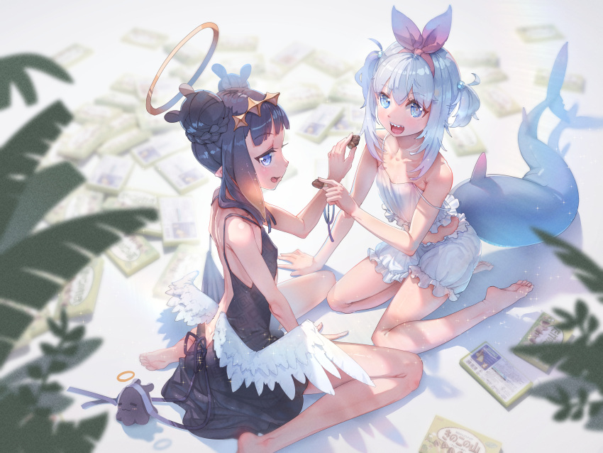 2girls absurdres alternate_costume bare_shoulders barefoot beach beads black_dress black_hair bloomers blue_eyes blunt_bangs bow_hairband bun_with_braided_base camisole cucumbear073 double_bun dress fins fish_tail frills gawr_gura hair_beads hair_bun hair_ornament hairband halo headpiece highres hololive kinoko_no_yama low_wings multiple_girls ninomae_ina'nis oerba_yun_fang open_mouth outdoors plant shark_tail sharp_teeth short_twintails sidelocks tail takenoko_no_sato takodachi_(ninomae_ina'nis) teeth tentacle_hair twintails virtual_youtuber white_bloomers white_camisole white_hair wings