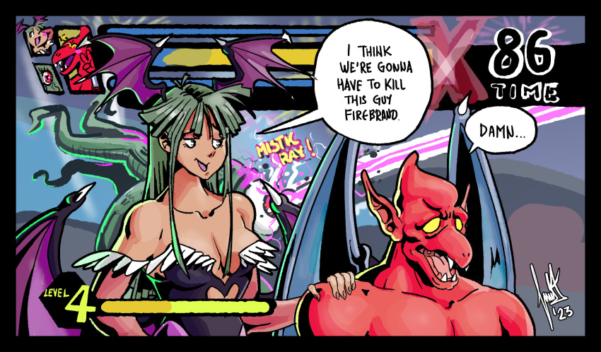 ambiguous_gender breasts capcom chibi cleavage clothed clothing darkstalkers demon demon_humanoid empty_eyes fangs female firebrand gameplay_mechanics gargoyle group gui head_wings health_bar hi_res humanoid humanoid_pointy_ears i_think_we're_gonna_have_to_kill_this_guy leotard male marvel marvel_vs._capcom membrane_(anatomy) membranous_wings morrigan_aensland open_mouth red_arremer red_body sad shtarfish shuma-gorath teeth tentacle tentacle_creature tongue trio ultimate_marvel_vs._capcom_3 wings