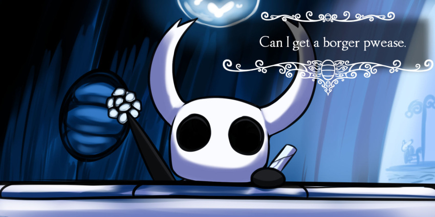 2019 2_horns ambiguous_gender bench black_arms black_eyes dialogue digital_media_(artwork) english_text hi_res hollow_knight horn inside latiar money mouthless nail_(weapon) noseless solo street_lamp team_cherry text the_knight_(hollow_knight) vessel_(species) weapon weapon_on_back white_head white_text