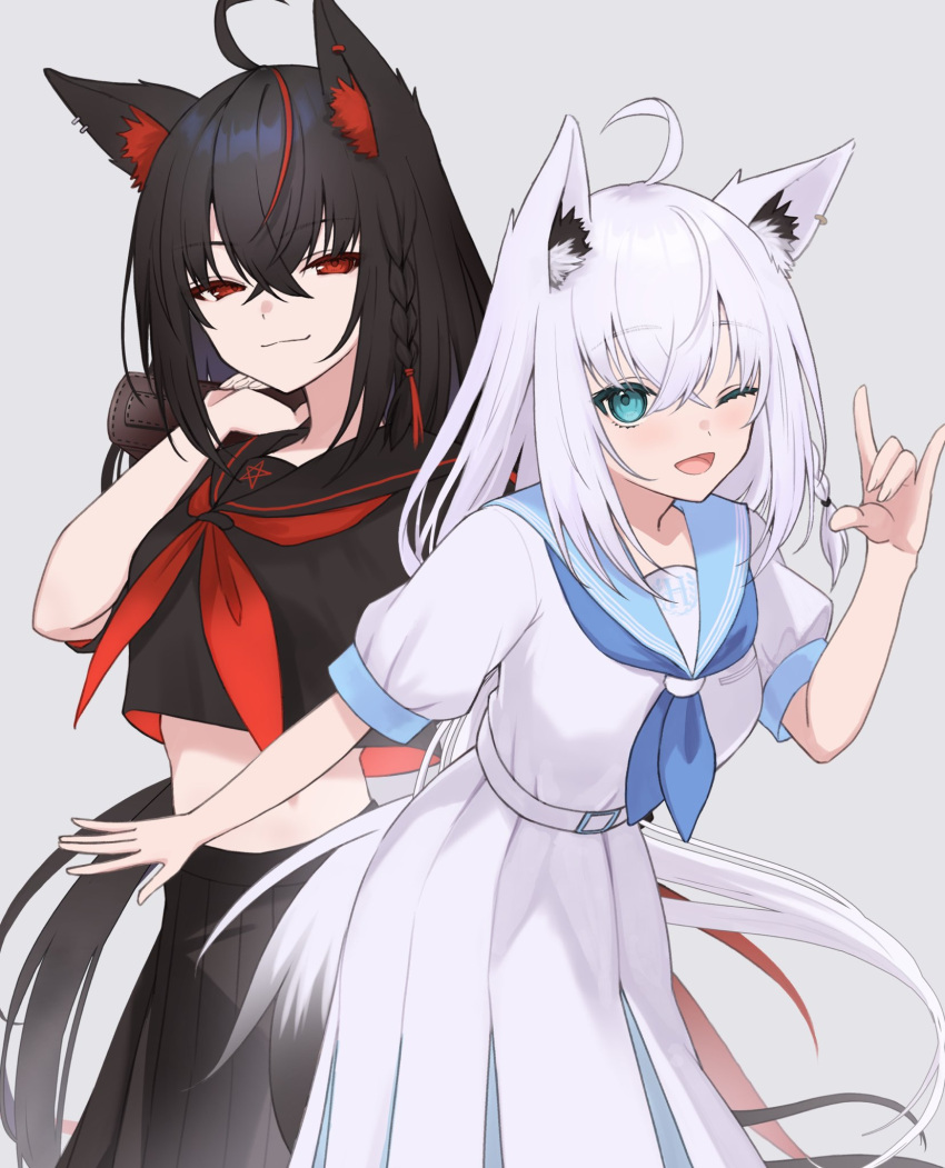 2girls :3 ;d absurdly_long_hair ahoge alternate_costume animal_ear_fluff animal_ears belt black_hair black_sailor_collar black_serafuku black_skirt black_vs_white blue_neckerchief blue_sailor_collar blue_skirt braid breasts carrying crop_top crop_top_overhang crossed_bangs dark_persona dual_persona fox_ears fox_girl fox_shadow_puppet fox_tail hair_between_eyes haruwo highres hololive kurokami_fubuki leaning_forward long_hair long_skirt looking_at_viewer medium_breasts midriff multiple_girls neckerchief one_eye_closed pleated_skirt puffy_short_sleeves puffy_sleeves red_eyes red_hair red_neckerchief red_streaks sailor_collar school_uniform serafuku shirakami_fubuki short_sleeves shoulder_carry side_braid simple_background single_braid skirt smile smug tail very_long_hair virtual_youtuber white_background white_belt white_serafuku