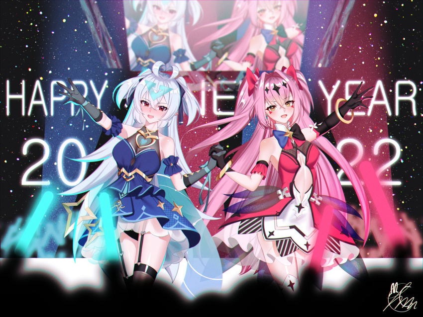 2022 2girls asymmetrical_gloves black_gloves bluemoonrabbit0 breasts concert confetti designer_lilibet_(epic_seven) elbow_gloves epic_seven gloves highres idol lilibet_(epic_seven) luluca_(epic_seven) medium_breasts multiple_girls pink_hair red_eyes single_elbow_glove top_model_luluca_(epic_seven) white_hair yellow_eyes