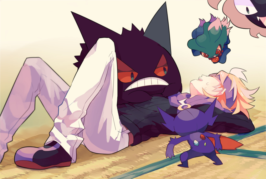 1boy black_footwear black_hair black_shirt blonde_hair closed_eyes gastly gengar headband highres knees_up long_sleeves lying male_focus misdreavus morty_(pokemon) nagatsukiariake on_back open_mouth pants pokemon pokemon_(creature) pokemon_hgss purple_headband ribbed_shirt sableye shirt short_hair sweatdrop tatami teeth white_pants