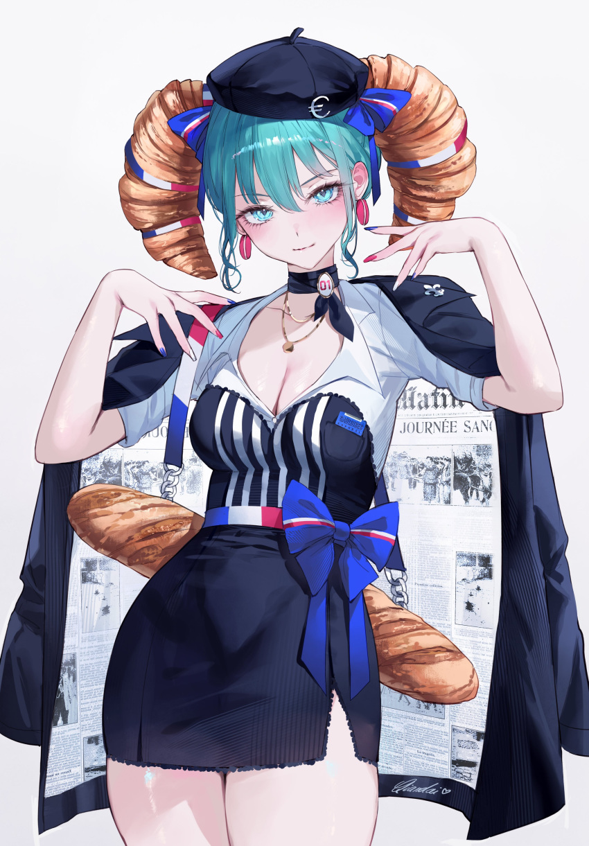 absurdres alternate_costume aqua_eyes aqua_hair artist_name baguette black_choker black_hat black_jacket black_skirt blue_bow bow bread bread_hair breasts choker cleavage closed_mouth collarbone commentary cowboy_shot croissant earrings female food food-themed_earrings french_flag_print hair_between_eyes hat hatsune_miku highres jacket jacket_on_shoulders jewelry large_breasts looking_at_viewer macaron macaron_earrings multiple_hat_bows necklace qiandaiyiyu shirt side_slit sidelocks skirt smile solo twintails vocaloid white_shirt