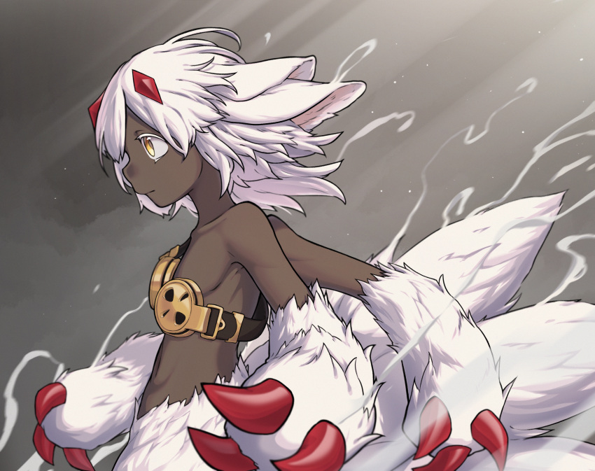 animal_ears bbyong403 body_fur claws closed_mouth dark-skinned_female dark_skin extra_arms faputa female fewer_digits goggles_around_breasts hair_between_eyes highres horns looking_to_the_side made_in_abyss monster_girl multiple_tails navel red_claws short_hair solo tail very_dark_skin white_fur white_hair yellow_eyes