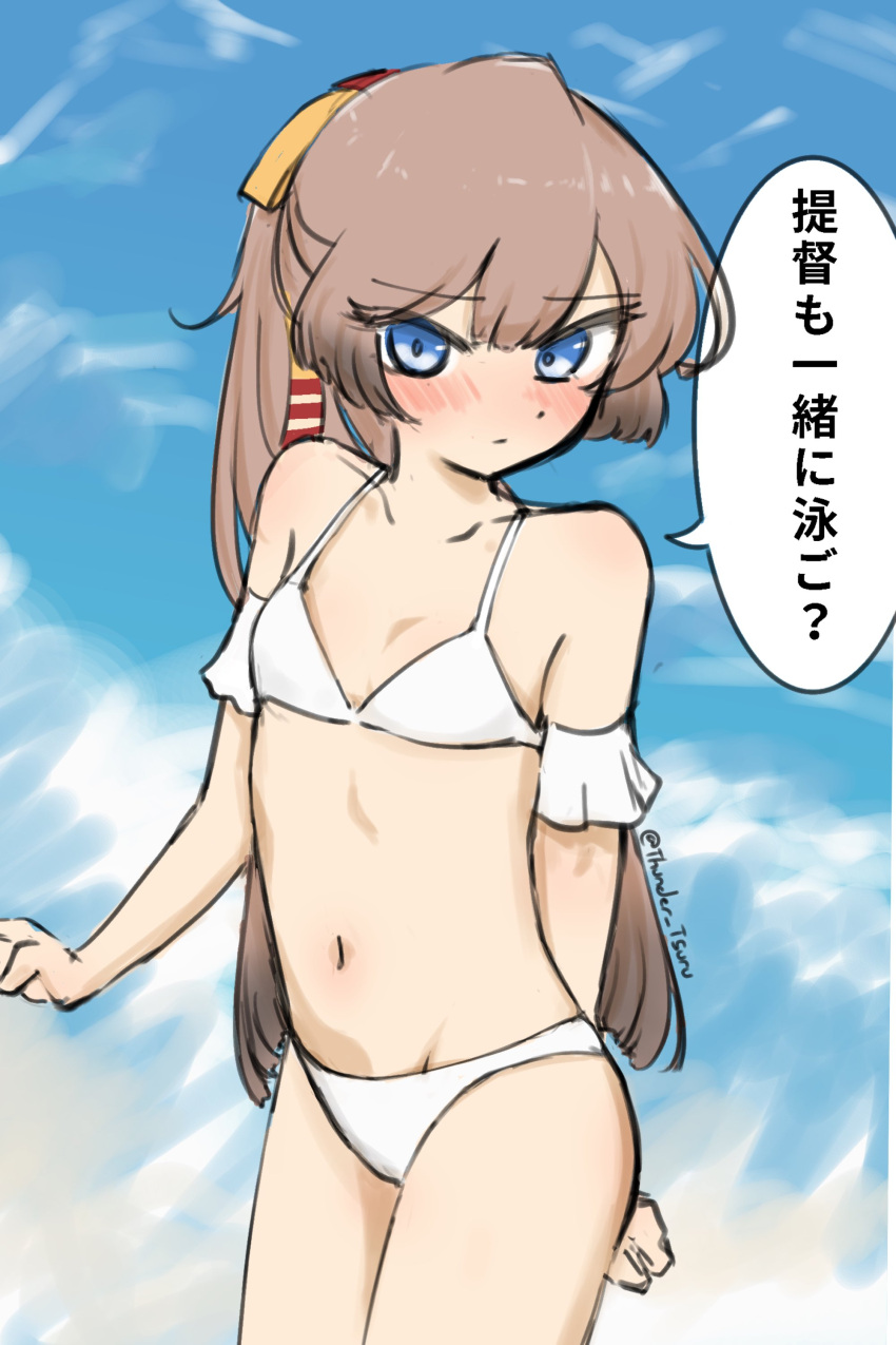 absurdres bikini blue_eyes blue_sky brown_hair cloud commentary_request cowboy_shot female flat_chest hair_ribbon highres kantai_collection kazagumo_(kancolle) kazagumo_kai_ni_(kancolle) kazagumo_kai_ni_(swimsuit_mode)_(kancolle) long_hair looking_at_viewer navel ponytail ribbon sky solo swimsuit translation_request tsuru_(thunder_tsuru) white_bikini