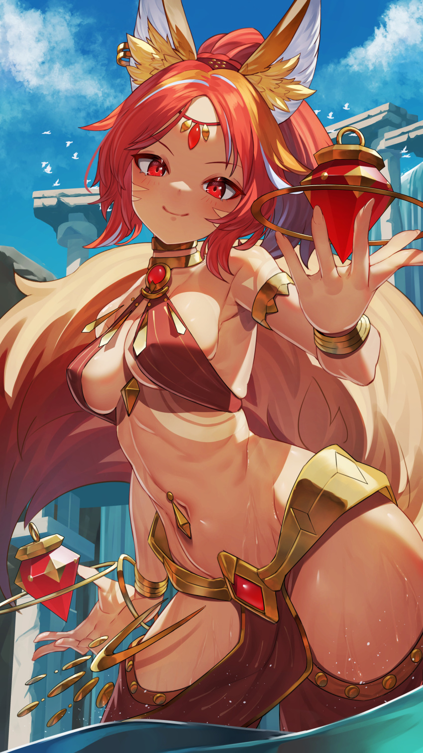 absurdres afk_journey animal_ears armlet armpits arpeggio_kaga bangle bare_shoulders bracelet breasts brooch cleavage closed_mouth collar cowboy_shot female fox_ears fox_girl fox_tail highres jewelry long_hair looking_at_viewer medium_breasts navel navel_piercing parted_bangs pelvic_curtain piercing ponytail red_eyes red_hair red_thighhighs satella smile solo standing stomach tail thighhighs thighs wading wet