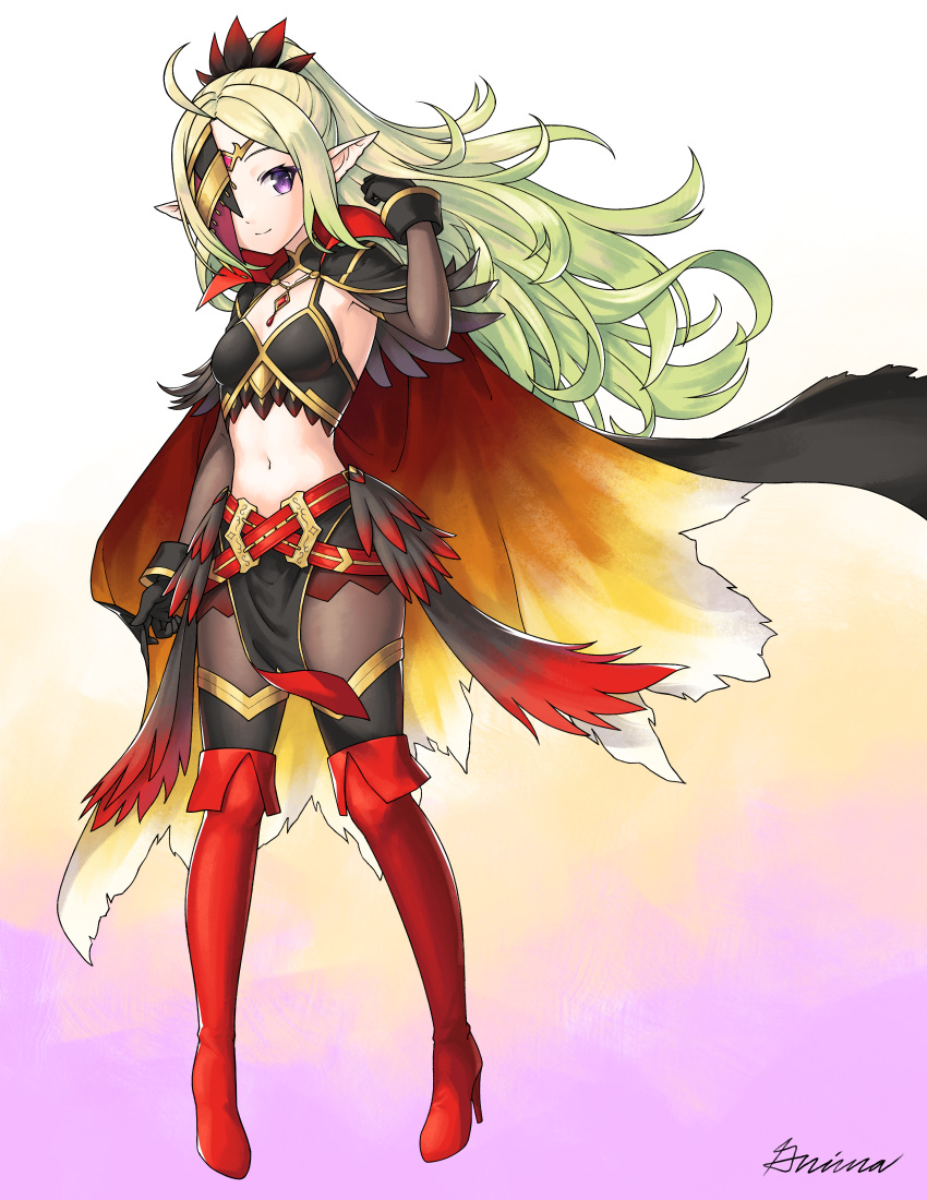 absurdres belt boots bra cape detached_sleeves eyepatch female fire_emblem fire_emblem_awakening fire_emblem_heroes gloves grimaisbestwaifu hair_ornament high_heel_boots high_heels highres long_hair midriff miniskirt multiple_belts nowi_(fire_emblem) nowi_(resplendent)_(fire_emblem) official_alternate_costume ruffling_hair skirt thighhighs underwear