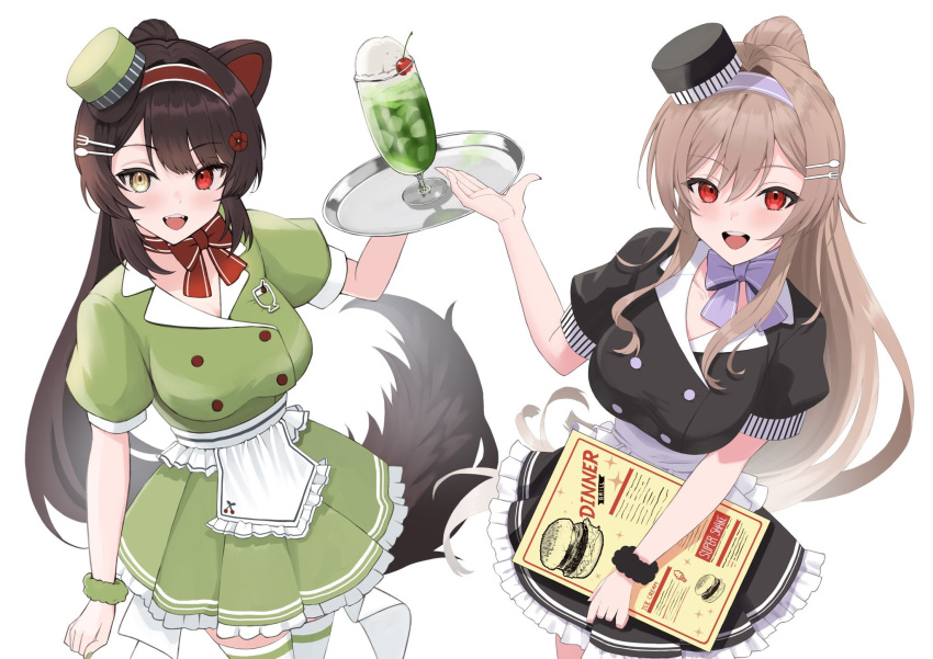 2girls :d animal_ears apron black_dress blush bow breasts brown_hair cherry collared_dress commentary_request dog_ears dog_girl dog_hair_ornament dog_tail dress drink food fork_hair_ornament frilled_dress frills fruit furen_e_lustario green_dress hair_ornament haruwo hat heterochromia high_ponytail highres holding holding_tray inui_toko large_breasts light_brown_hair long_hair looking_at_viewer menu mini_hat multiple_girls neck_ribbon nijisanji open_mouth pleated_dress puffy_short_sleeves puffy_sleeves purple_bow red_bow red_eyes ribbon scrunchie short_dress short_sleeves simple_background smile spoon_hair_ornament tail thighhighs tilted_headwear tray very_long_hair virtual_youtuber waitress white_apron white_background white_thighhighs wrist_scrunchie yellow_eyes