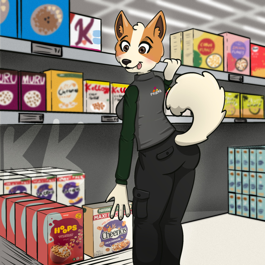 2024 breasts canid canine canis cereal cheerios clothed clothing digital_media_(artwork) domestic_dog female fingers food general_mills hi_res hoops inside mall mammal norrbottenspets spitz tongue tongue_out work-uniform working