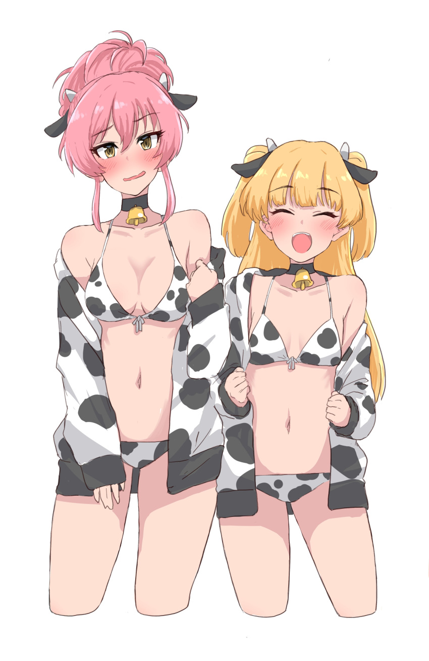 2girls :d absurdres animal_ears animal_print bell bikini blonde_hair blush breasts choker closed_eyes cow_ears cow_horns cow_print cow_print_bikini cowboy_shot fake_animal_ears fake_horns front-tie_bikini_top front-tie_top highres horns idolmaster idolmaster_cinderella_girls jougasaki_mika jougasaki_rika long_sleeves looking_at_viewer medium_breasts multiple_girls navel neck_bell off_shoulder open_clothes pink_hair ponytail print_bikini simple_background small_breasts smile sweater swimsuit two_side_up undressing wasabijoyu76 wavy_mouth white_background yellow_eyes