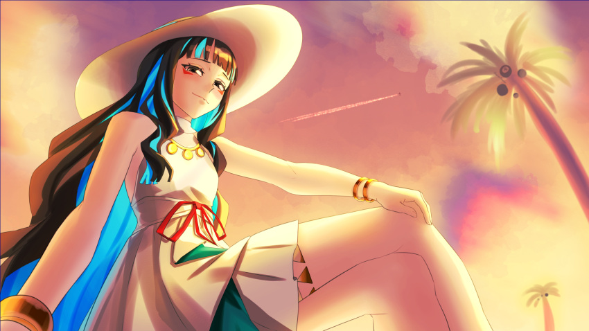 bare_shoulders black_hair blue_hair bracelet breasts colored_inner_hair dantonphanton dress eyeliner fate/grand_order fate_(series) female gradient_sky grey_eyes hat highres jewelry long_hair looking_at_viewer makeup multicolored_hair necklace orange_sky palm_tree sidelocks sky small_breasts smile solo sun_hat tenochtitlan_(fate) tenochtitlan_(swimsuit_mooncancer)_(fate) thighs tree twilight white_dress white_hat