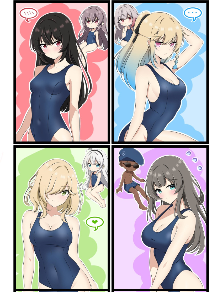 ... 1boy 6+girls agnes_abigail ahoge alex_(counter:side) arm_up armpit_crease bare_legs bare_shoulders black_hairband blonde_hair blue_eyes blue_hair blue_one-piece_swimsuit blue_shorts braid breasts brown_hair chibi chibi_inset claudia_nelson cleavage collarbone commentary counter:side covered_navel dark-skinned_male dark_skin dominic_king_reginald eujin flying_sweatdrops gradient_hair green_eyes grey_hair hairband heart highleg highleg_one-piece_swimsuit highres jaina_kropel light_blush light_frown long_hair looking_at_viewer lyudmila_(counter:side) multicolored_hair multiple_girls one-piece_swimsuit one_eye_covered pink_eyes red_eyes shorts smile spoken_blush spoken_ellipsis spoken_heart sunglasses swimsuit symbol-only_commentary topless_male v v-shaped_eyebrows white_hair xiao_lin_(counter:side) yuu_kun33