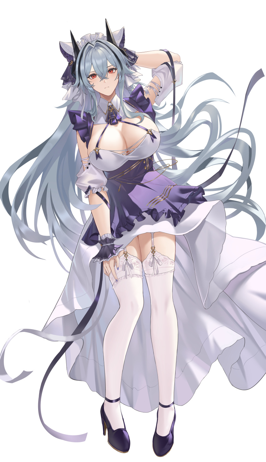 absurdres animal_ears apron azur_lane black_footwear black_hair breasts cheshire_(azur_lane) cheshire_(azur_lane)_(cosplay) cleavage commission cosplay detached_sleeves fake_animal_ears female frilled_hairband frilled_ribbon frills full_body garter_straps grey_hair hair_between_eyes hairband hand_in_own_hair high_heels highres kinokoneko kursk_(azur_lane) lace-trimmed_thighhighs lace_trim large_breasts long_hair long_ribbon looking_at_viewer maid_headdress multicolored_hair pixiv_commission puffy_detached_sleeves puffy_sleeves purple_apron red_eyes ribbon shoes simple_background solo streaked_hair thighhighs very_long_hair white_background white_garter_straps white_thighhighs wrist_cuffs zettai_ryouiki