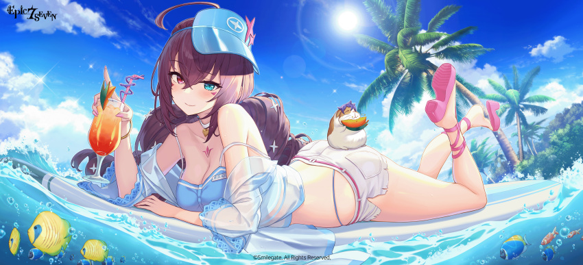 absurdres beach bikini blue_bikini blue_eyes blue_panties braid breasts brown_hair cleavage closed_mouth cup drink epic_seven facial_mark female hamster highleg highleg_panties highres holding holding_cup jacket luluca_(epic_seven) medium_breasts micro_shorts ocean ocean_breeze_luluca_(epic_seven) off_shoulder official_art panties pink_footwear red_eyes sandals see-through see-through_jacket shorts smile solo surfboard swimsuit tree tsurime twin_braids underwear visor_cap water white_jacket white_shorts